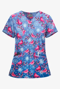 Butter-Soft Winter Finches Royal Women's 2-Pocket With Angled Welt V-Neck Print Scrub Top