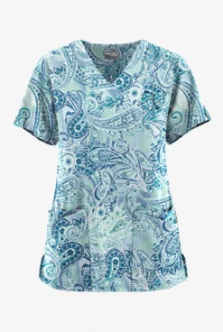UA Butter-Soft STRETCH Paisley Romance Watermint Women's 5-Pocket V-Neck Scrub Top