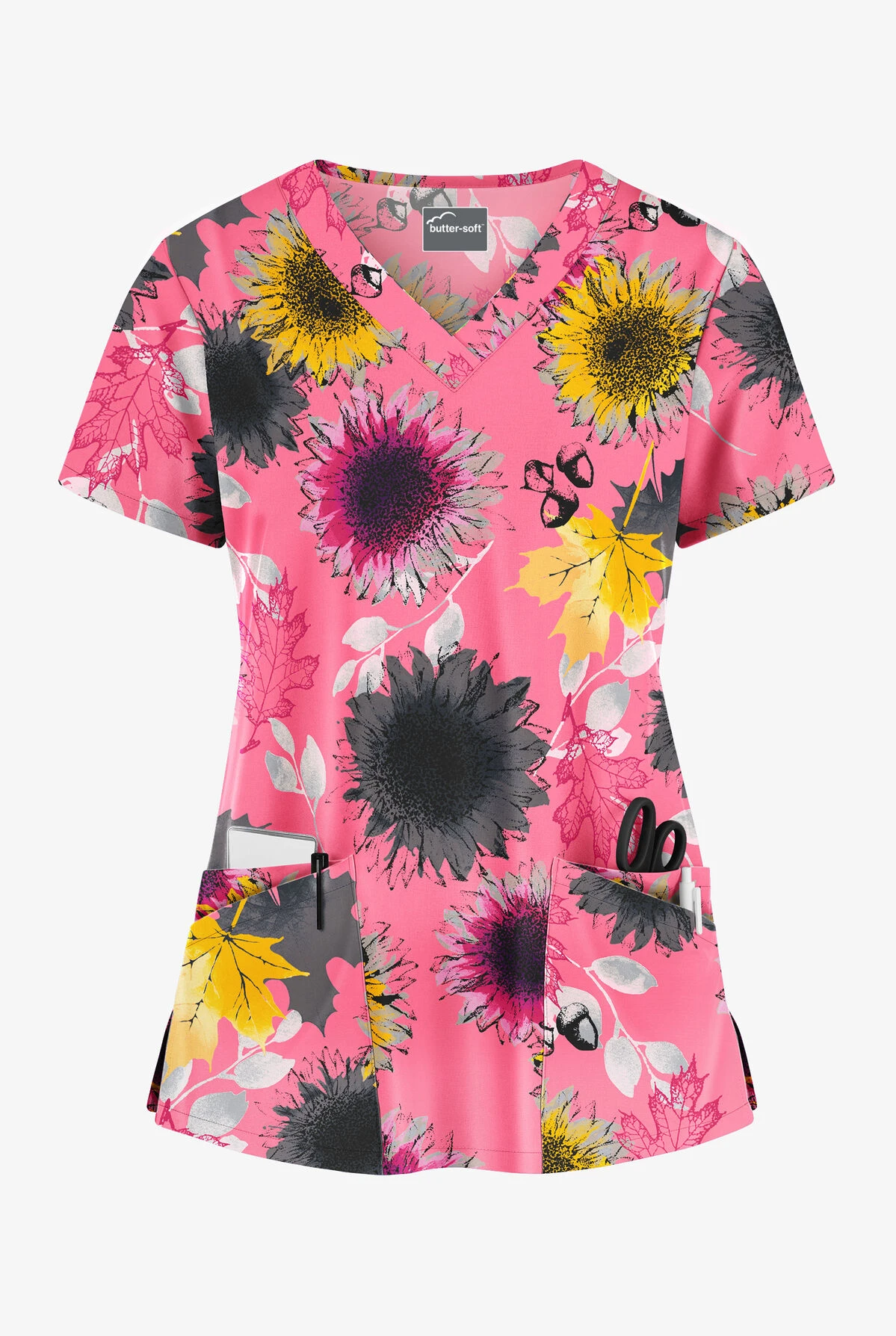 Butter-Soft Autumn Sunflowers Rose Dusk Women's 4-Pocket Rounded V-Neck Print Scrub Top