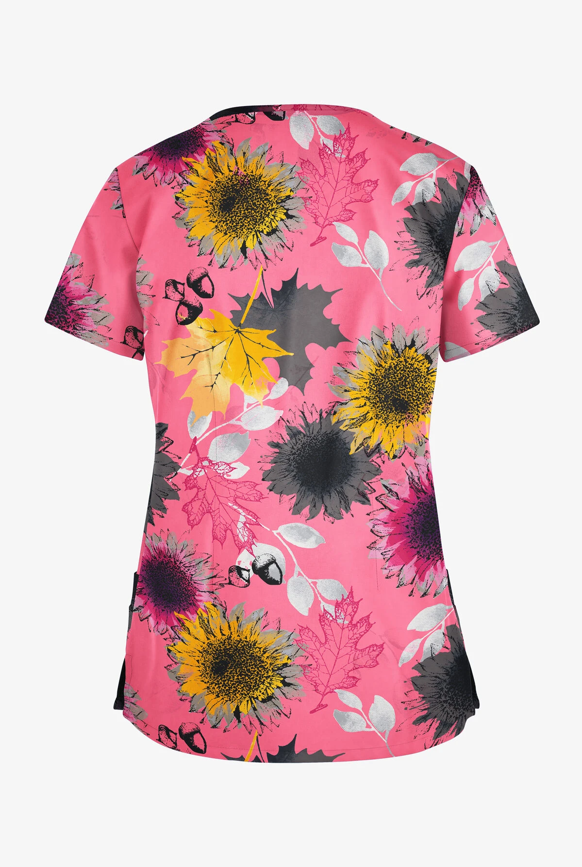 Butter-Soft Autumn Sunflowers Rose Dusk Women's 4-Pocket Rounded V-Neck Print Scrub Top - Image 2