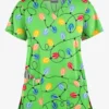 Butter-Soft Fairy Lights Grass Green Women's 4-Pocket Rounded V-Neck Printed Scrub Top