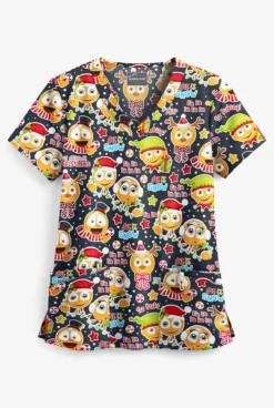 Butter-Soft Holiday Emoji Pewter Women's 4-Pocket Rounded V-Neck Print Scrub Top