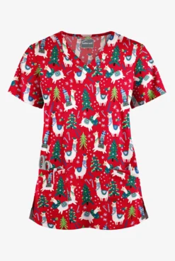 Butter-Soft Holiday Llamas Red Women's 4-Pocket Rounded V-Neck Print Scrub Top
