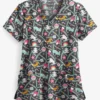 Butter-Soft Happy Ornaments Pewter Rounded Women's 4-Pocket V-Neck Print Scrub Top