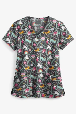 Butter-Soft Happy Ornaments Pewter Rounded Women's 4-Pocket V-Neck Print Scrub Top