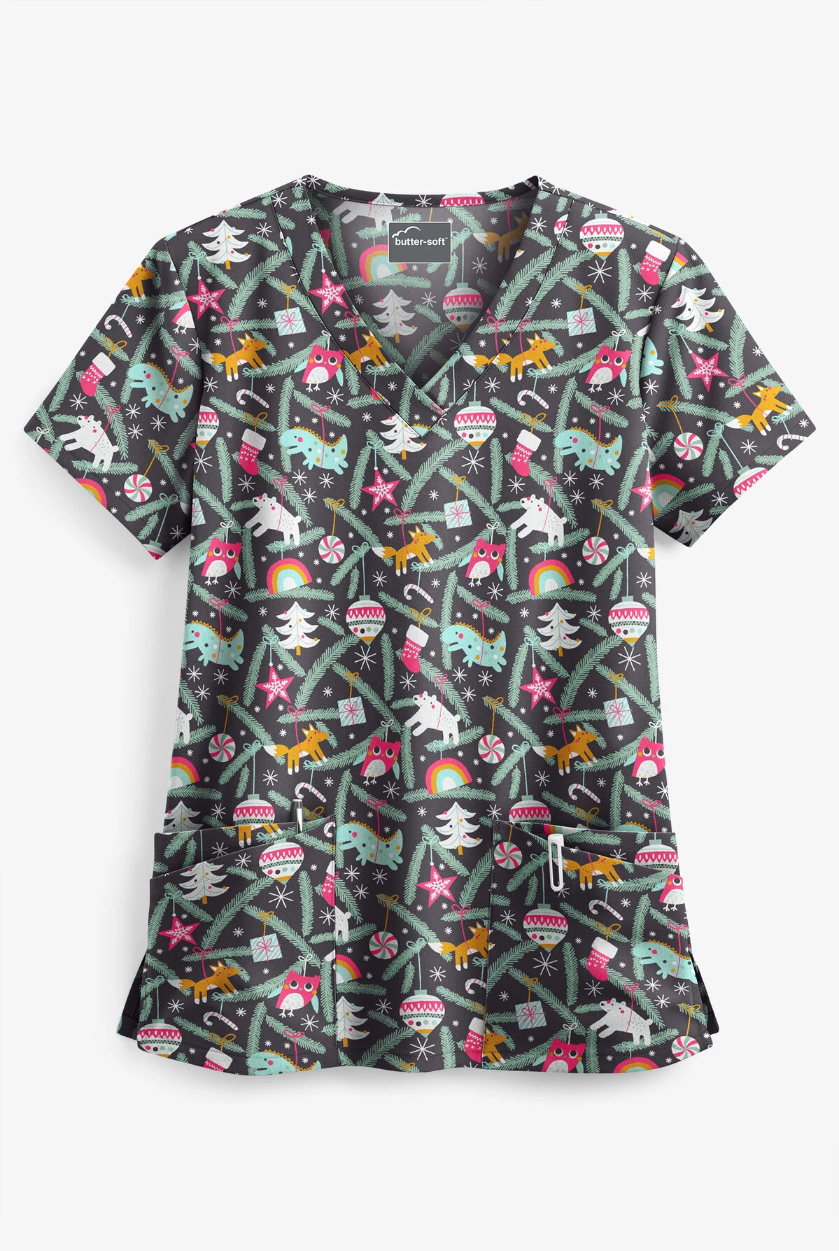 Butter-Soft Happy Ornaments Pewter Rounded Women's 4-Pocket V-Neck Print Scrub Top