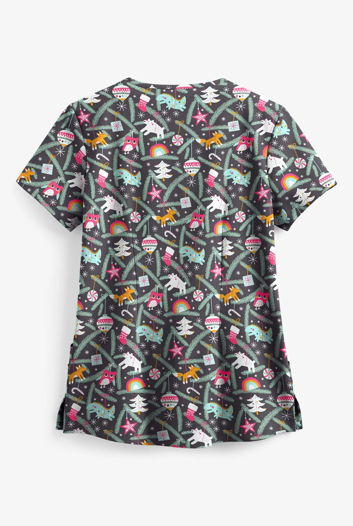 Butter-Soft Happy Ornaments Pewter Rounded Women's 4-Pocket V-Neck Print Scrub Top - Image 2