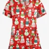 Butter-Soft Juggling Snowman Red Women's 4-Pocket Rounded V-Neck Print Scrub Top