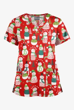 Butter-Soft Juggling Snowman Red Women's 4-Pocket Rounded V-Neck Print Scrub Top