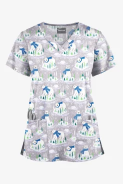 Butter-Soft Polar Holiday Silver Women's 4-Pocket Rounded V-Neck Printed Scrub Top