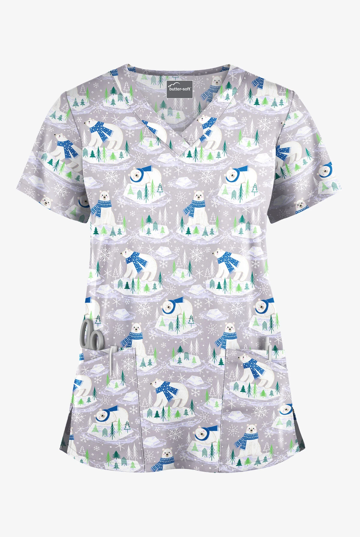 Butter-Soft Polar Holiday Silver Women's 4-Pocket Rounded V-Neck Printed Scrub Top