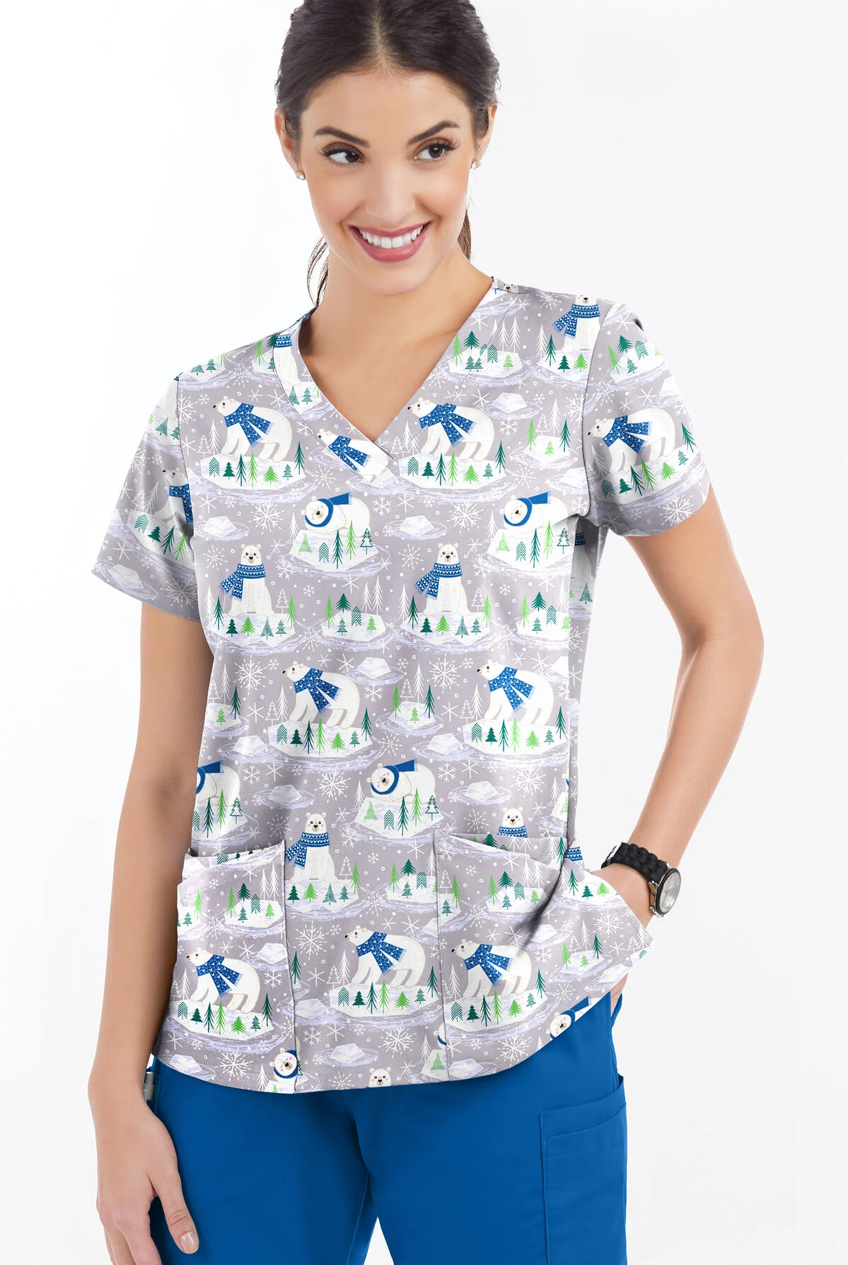 Butter-Soft Polar Holiday Silver Women's 4-Pocket Rounded V-Neck Printed Scrub Top - Image 2