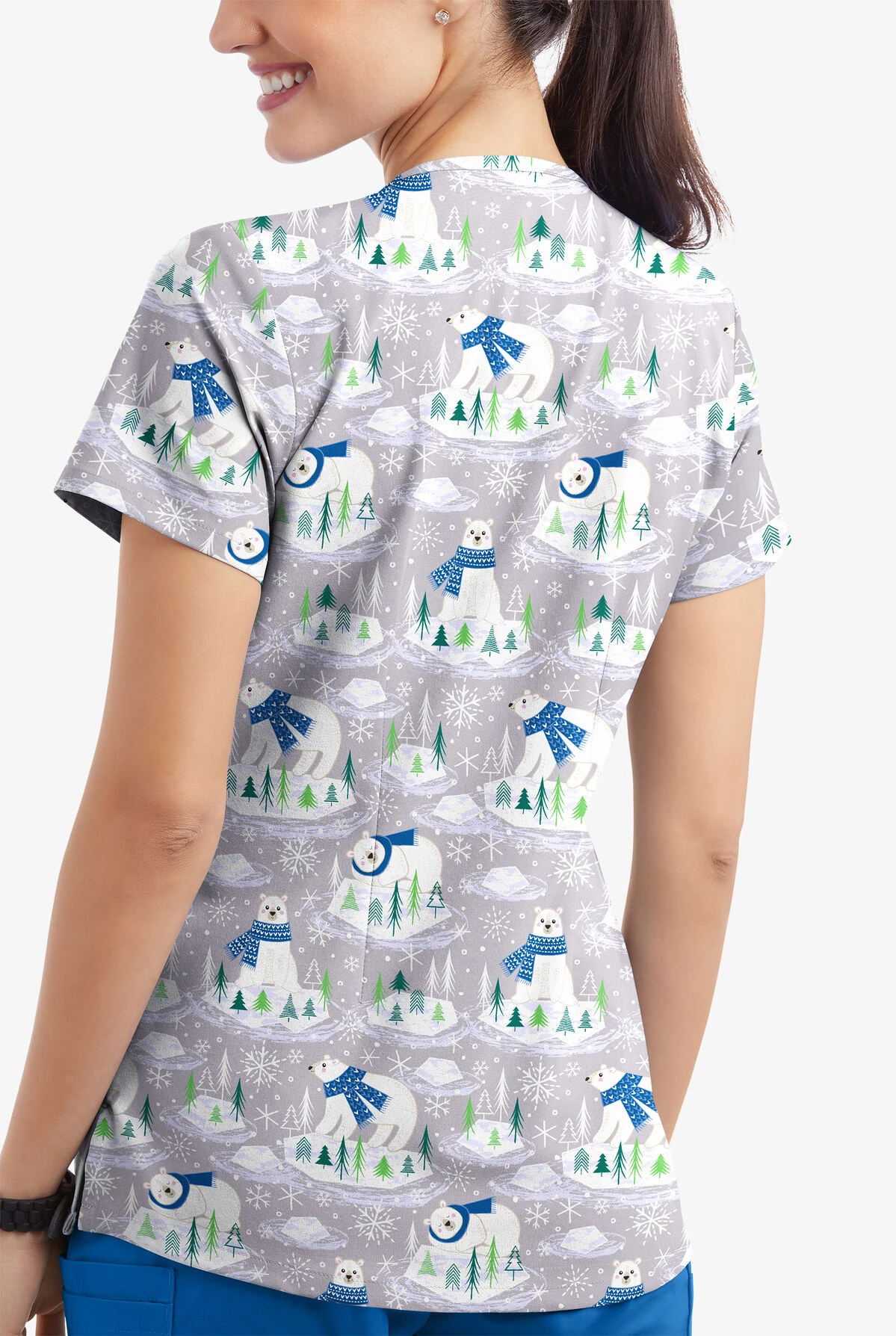 Butter-Soft Polar Holiday Silver Women's 4-Pocket Rounded V-Neck Printed Scrub Top - Image 3