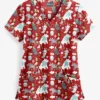 Butter-Soft Winter Pals Red Women's 4-Pocket Rounded V-Neck Print Scrub Top