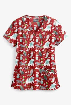 Butter-Soft Winter Pals Red Women's 4-Pocket Rounded V-Neck Print Scrub Top
