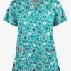 Butter-Soft Smiling Snowflakes Teal Women's 4-Pocket Rounded V-Neck Print Scrub Top