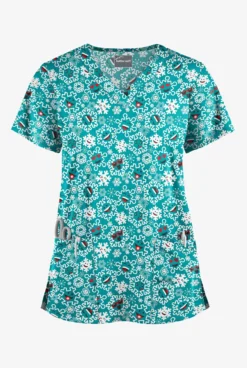 Butter-Soft Smiling Snowflakes Teal Women's 4-Pocket Rounded V-Neck Print Scrub Top