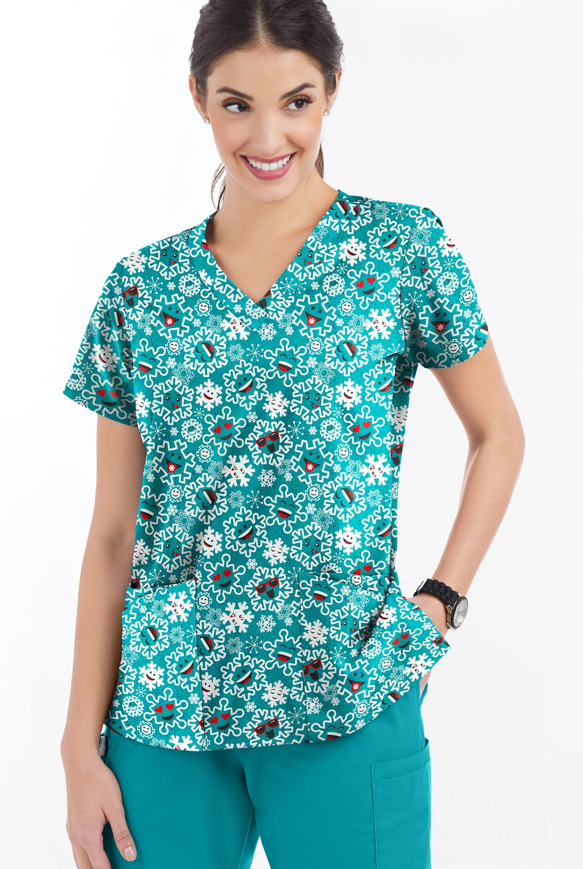 Butter-Soft Smiling Snowflakes Teal Women's 4-Pocket Rounded V-Neck Print Scrub Top - Image 2