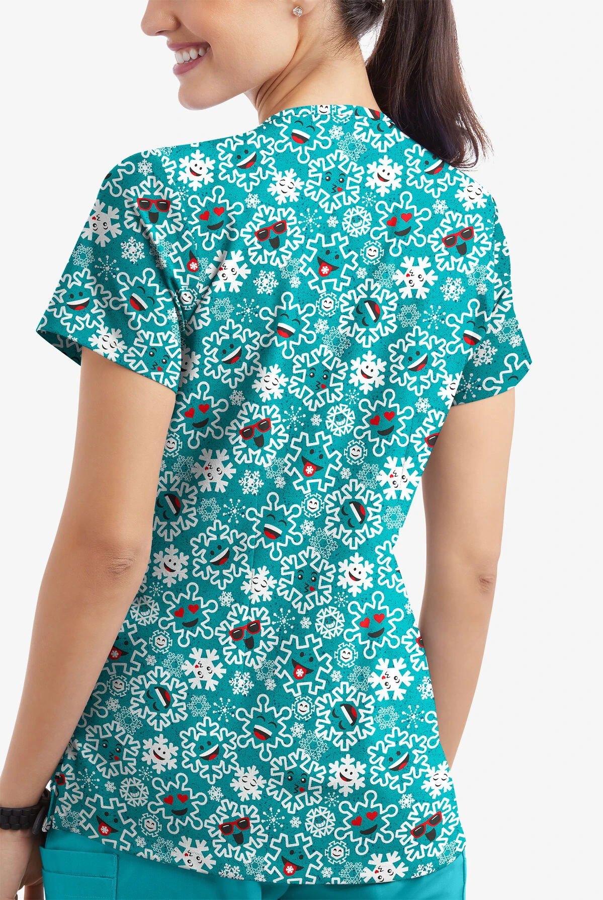 Butter-Soft Smiling Snowflakes Teal Women's 4-Pocket Rounded V-Neck Print Scrub Top - Image 3