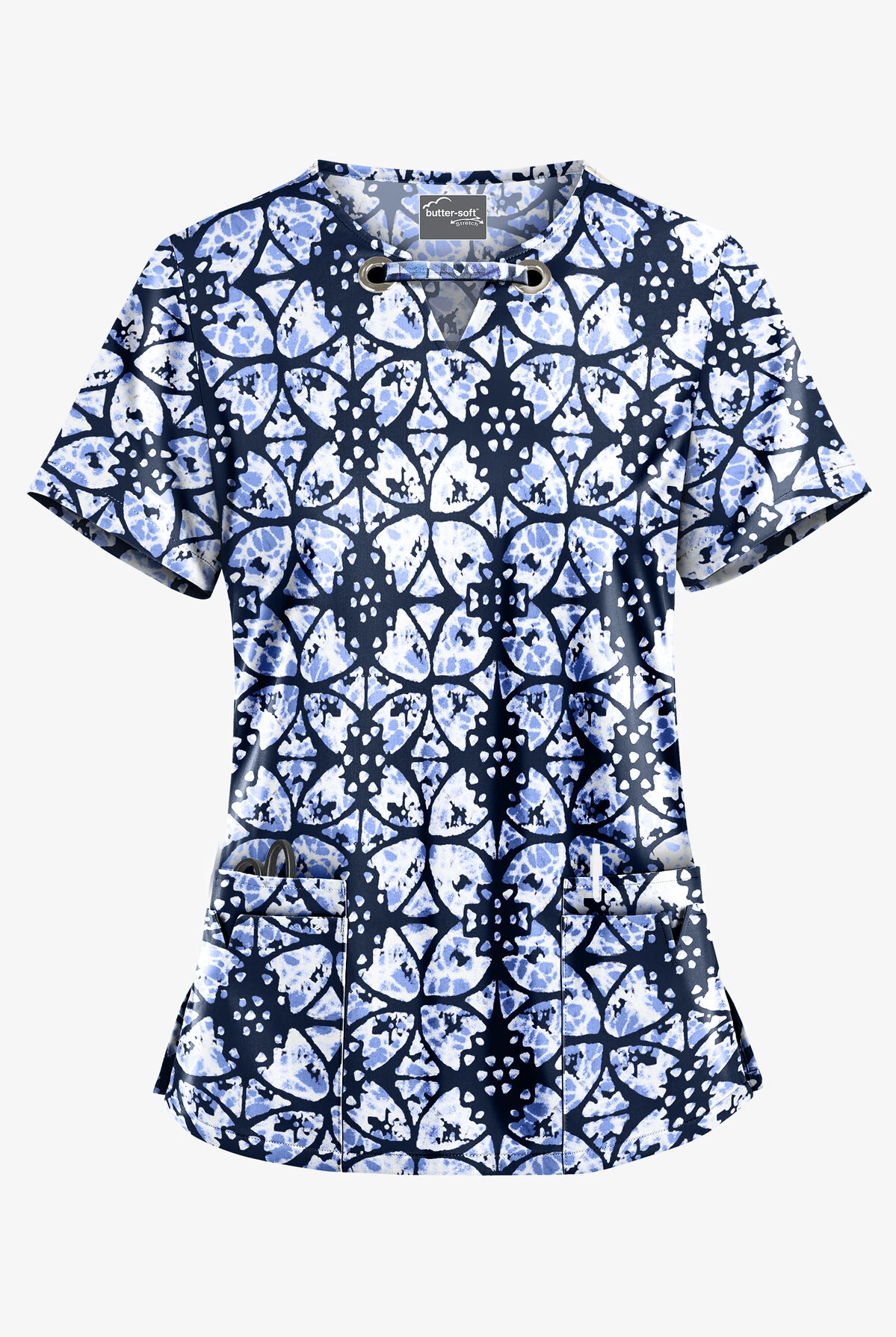 UA Butter-Soft STRETCH Desert Rose Navy Women's 4-Pocket Large Grommet Print Scrub Top