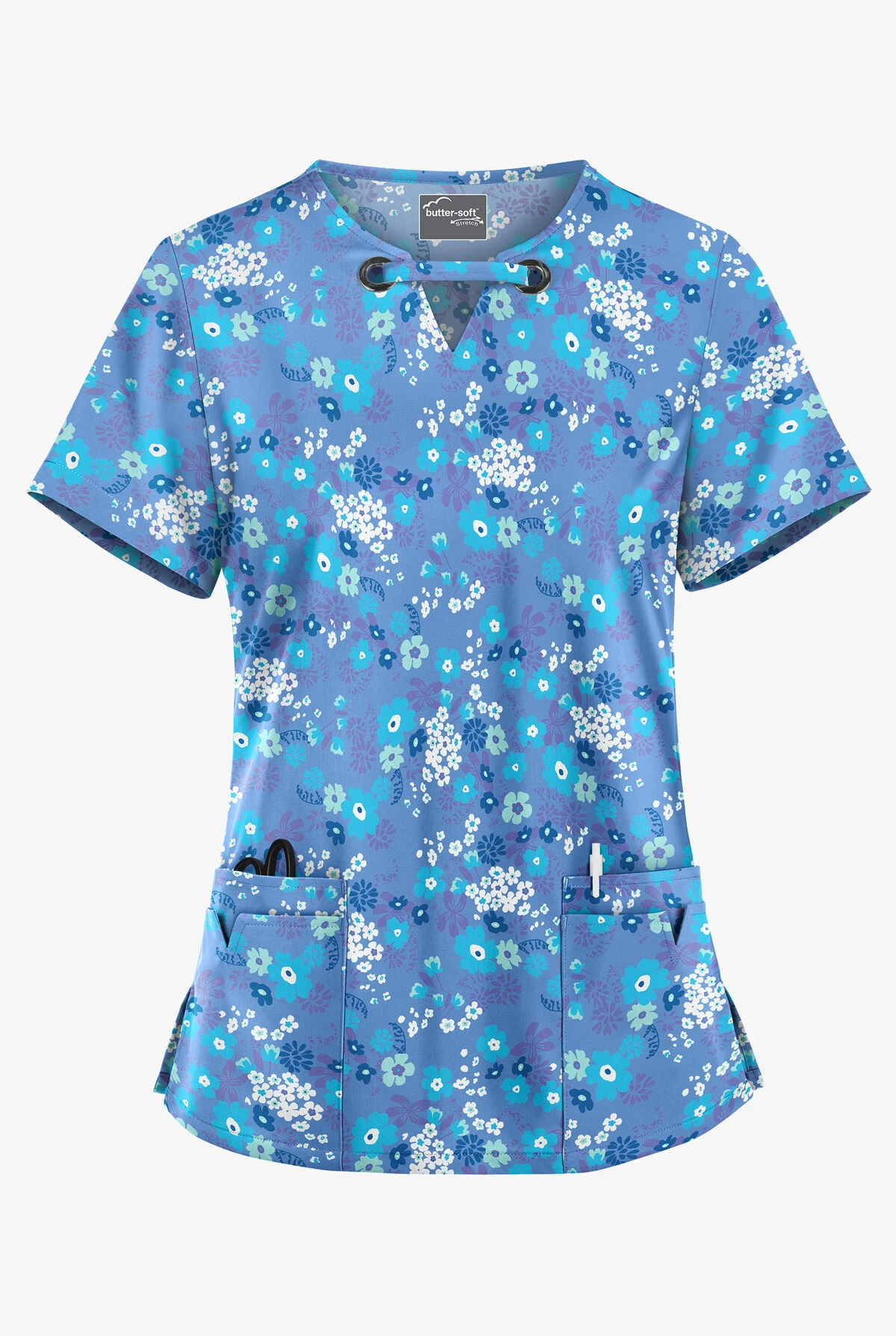 UA Butter-Soft STRETCH Whispering Floral Ceil Women's 4-Pocket Large Grommet Print Scrub Top