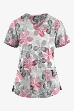 UA Butter-Soft STRETCH Subtle Leaves Silver Women's 4-Pocket Crisscross Printed Scrub Top