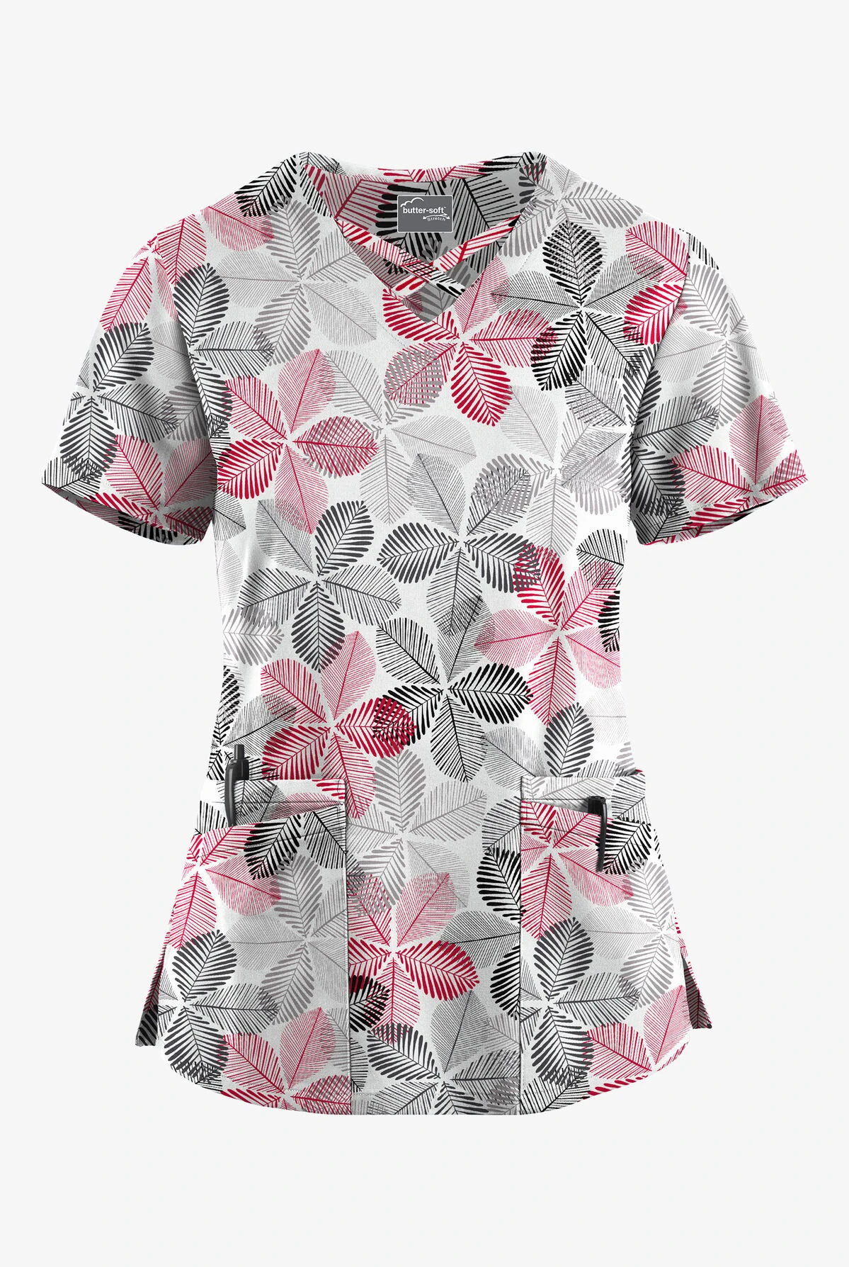 UA Butter-Soft STRETCH Subtle Leaves Silver Women's 4-Pocket Crisscross Printed Scrub Top