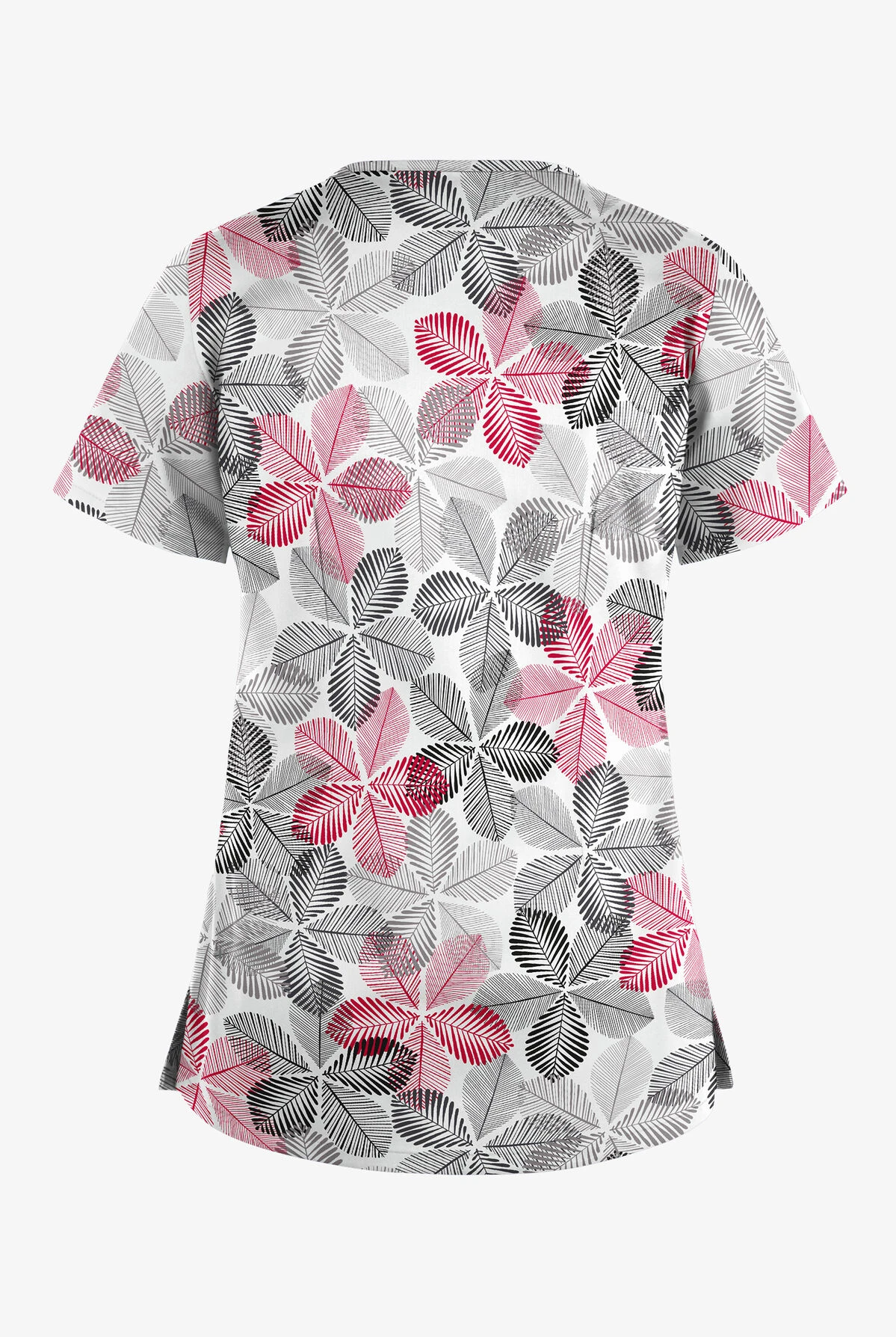 UA Butter-Soft STRETCH Subtle Leaves Silver Women's 4-Pocket Crisscross Printed Scrub Top - Image 2