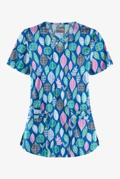 UA Butter-Soft STRETCH Swedish Leaves Royal Women's 4-Pocket Crisscross Print Scrub Top