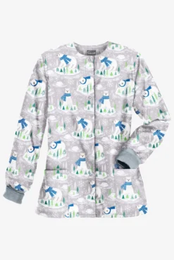 Butter-Soft Polar Holiday Silver Women's 2-Pocket Warm-Up Print Scrub Jacket