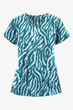 UA Butter-Soft STRETCH Tiger Fantasy Caribbean Blue Women's 3-Pocket V-Neck Mock Wrap Scrub Top