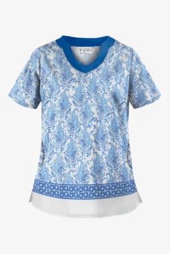 UA Best Buy Scrubs Floating Paisley White Print Women's 2-Pocket Scallop Neck Scrub Top