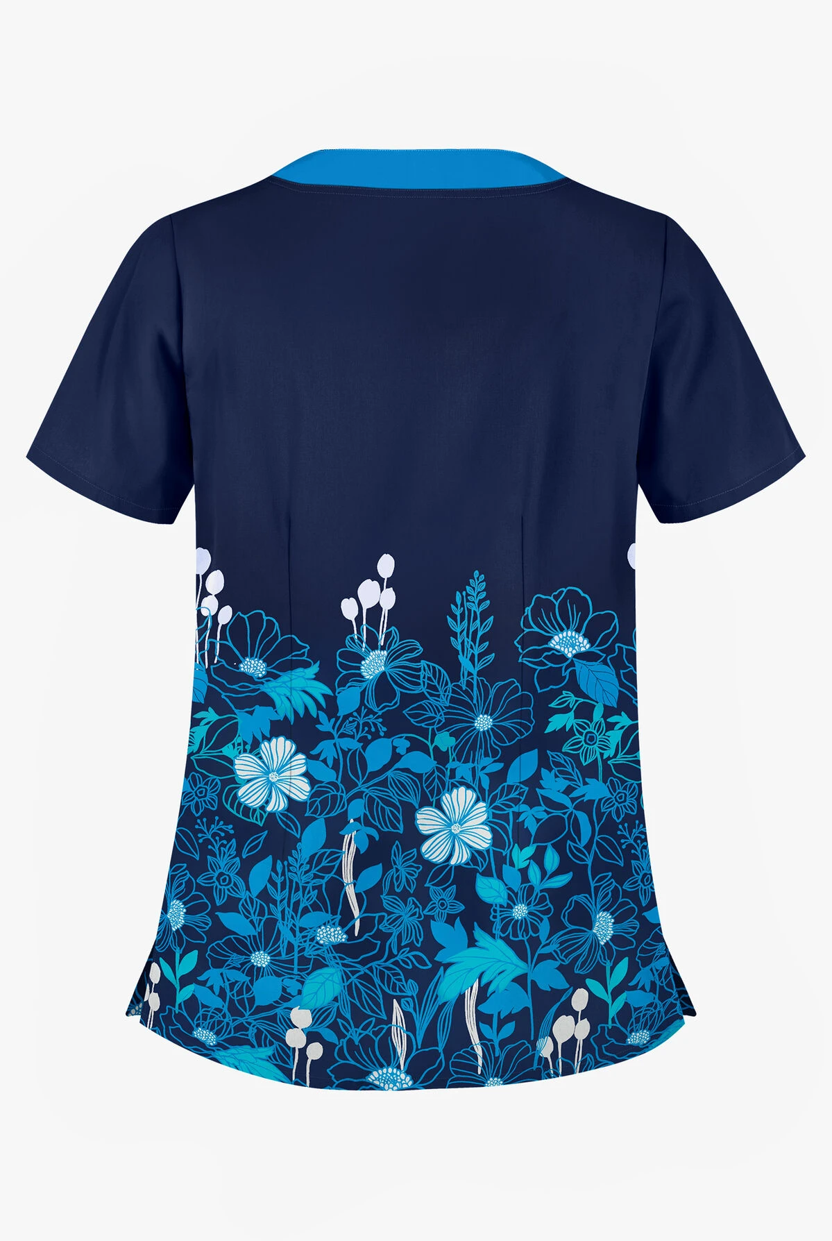 Butter-Soft Floral Field Navy Women's 2-Pocket Scallop Neck Print Scrub Top - Image 2