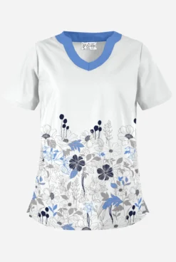 Butter-Soft Floral Field White Printed Women's 2-Pocket Scallop Neck Scrub Top