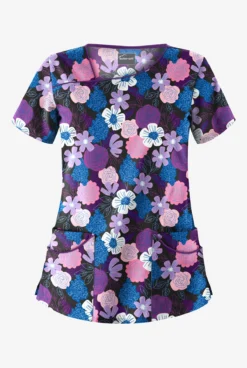 Butter-Soft Budapest Floral Black Printed Women's 4-Pocket Asymmetrical Scrub Top