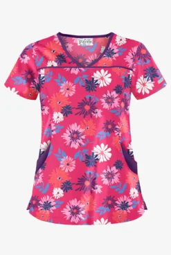 UA Floral Beauty Fuchsia Women's 4-Pocket Princess Seam Printed Scrub Top