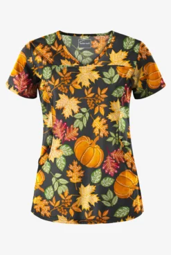 Butter-Soft Harvest Time Women's 4-Pocket Princess Seam Printed Scrub Top