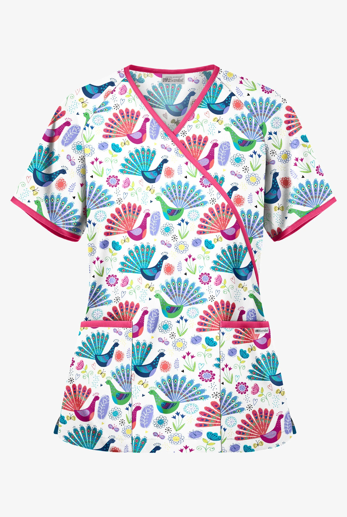 UA Fabulous Peacocks White Printed Women's 2-Pocket Mock Wrap Scrub Top