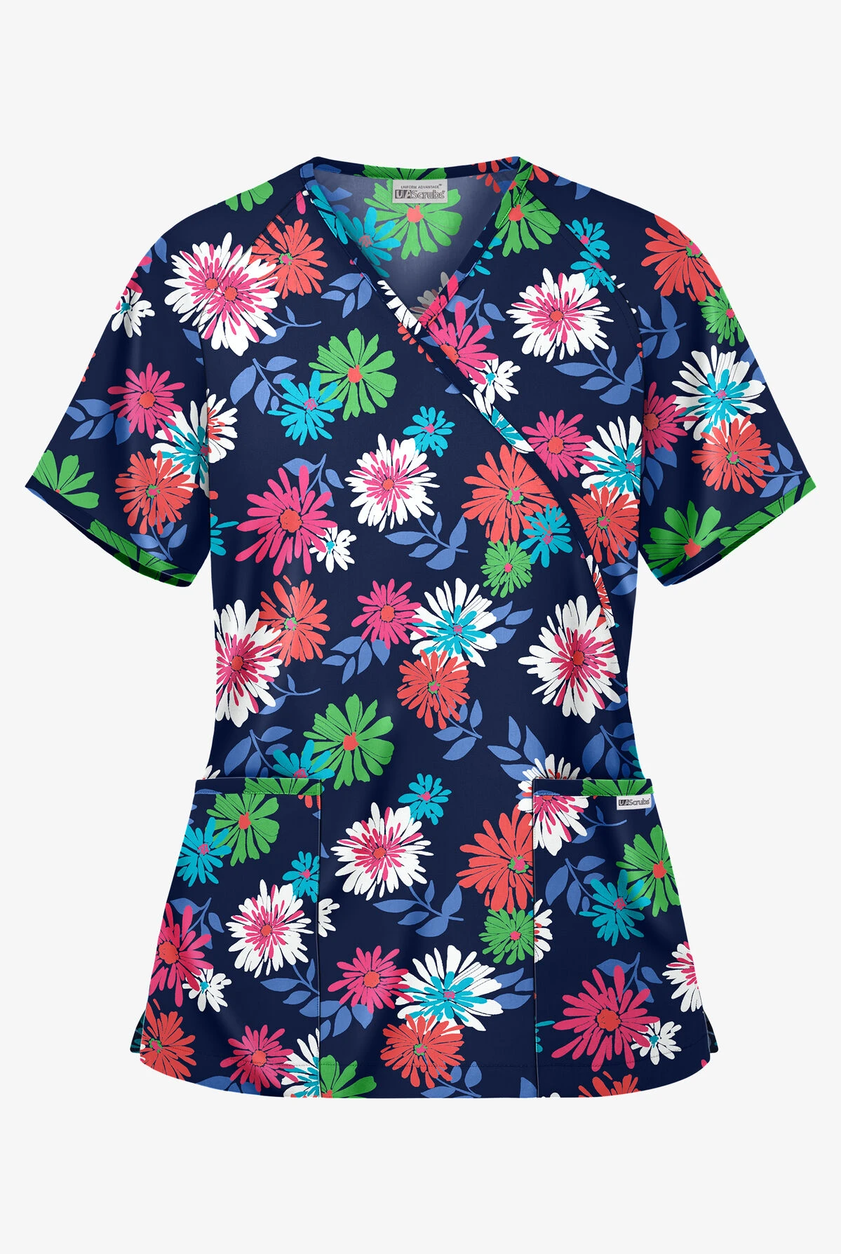 UA Floral Beauty Navy Women's 2-Pocket Mock Wrap Print Scrub Top