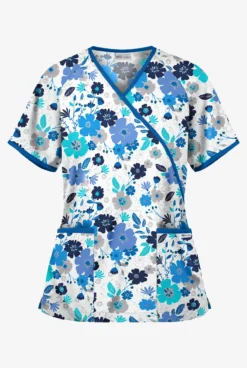 UA Palace Floral White Printed Women's 2-Pocket Mock Wrap Scrub Top