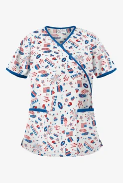 UA Best Buy Scrubs Party In The USA Women's 2-Pocket Mock Wrap Print Scrub Top
