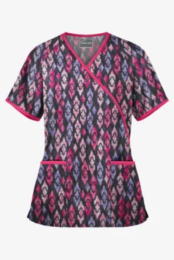 Butter-Soft Royal Ikat Women's 2-Pocket Mock Wrap Printed Scrub Top