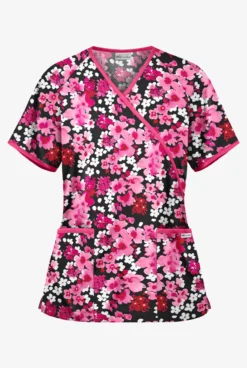 UA River Floral Black Printed Women's 2-Pocket Mock Wrap Scrub Top