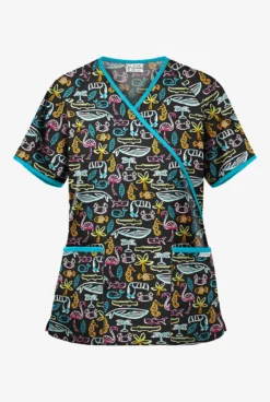 UA Best Buy Scrubs Tropical Oasis Black Print Women's 2-Pocket Mock Wrap Scrub Top
